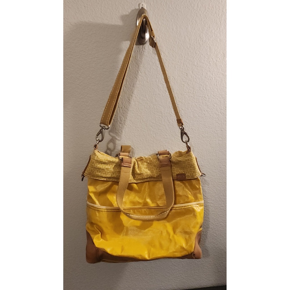 Fossil Key-Per Yellow Coated Canvas Crossbody Tote Bag Leather Trim Geometric